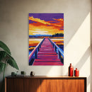Lakeside Pier, Sunset View, Nature Serenity, Tranquil Waters, Canvas Print, Living Room Wall Art, Rustic Decor, Bold Color Palette