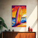Surfboard Sunset, Ocean Waves, Beach Art, Canvas Print, Coastal Living Decor, Bold Tropical Colors, Relaxing Wall Art, Modern Home