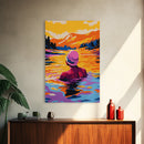 Woman Swimming, Sunset, Nature Art, Framed Canvas Print, Relaxing Wall Art, Bedroom Decor, Bold Colors, Scenic Painting, Lake Art