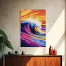 Wave Art, Surfing Aesthetic, Sunset Ocean, Framed Canvas Print, Beach House Decor, Coastal Wall Art, Vibrant Colors, Modern Seascape