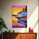 Lakeside Cabin, Cozy Retreat, Waterfront House, Nature Art, Canvas Print, Living Room Wall Art, Rustic Decor, Bold Sunset Tones