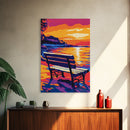 Seaside Bench, Sunset Beach Art, Romantic Wall Art, Coastal Decor, Framed Canvas Print, Nature Wall Art, Serene Landscape Painting