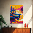 Docked Canoes, Lake Sunset Painting, Nautical Wall Decor, Tranquil Water Scene, Framed Canvas Print, Cabin Wall Art, Serene Landscape