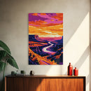 River Valley, Sunset Glow, Nature Escape, Vibrant Canyon, Framed Canvas Print, Living Room Wall Art, Western Landscape Painting