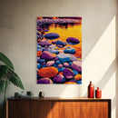 River Stones Reflection, Canvas Print, Colorful Sunset, Modern Landscape, Nature Artwork, Peaceful Lake, Warm Aesthetic, Living Room Art