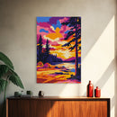 Mountain Camp, Tent Sunset, Pine Forest, Framed Canvas Print, Outdoor Adventure, Rustic Home Art, Cozy Cabin Vibes, Boho Wall Art