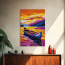 Canoe Serenity, Golden Lake, Sunset Mountains, Canvas Print, Tranquil Nature Art, Living Room Wall Decor, Boho Aesthetic, Warm Colors