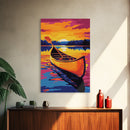 River Canoe, Sunset Glow, Water Reflection, Canvas Print, Adventure Art, Nature Inspired Decor, Boho Aesthetic, Cabin Wall Art