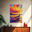Lake Canoe, Tranquil Waters, Warm Sunset, Framed Canvas Print, Rustic Cabin Art, Living Room Wall Art, Cozy Autumn Decor, Bohemian Style