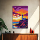 Lighthouse Art, Coastal Seascape Painting, Nautical Home Decor, Ocean Sunset Print, Beach House Wall Art, Framed Canvas Print, Office Decor