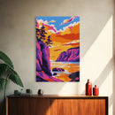 Cliffside Sunset Art, Vibrant Seascape Painting, Ocean Print, Coastal Home Decor, Beach Scene, Framed Canvas Print, Living Room Art