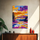 Sunset Highway, Road Trip Art, Colorful Travel Decor, Adventure Wall Art, Wanderlust Aesthetic, Framed Canvas Print, Unique Gift