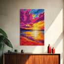 Sunset Beach, Ocean View, Coastal Wall Art, Vibrant Seascape, Living Room Decor, Nautical Aesthetic, Framed Canvas Print, Gift Idea