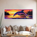 Dolphin Sunset Art, Ocean Scene, Tropical Coastal Decor, Marine Wildlife, Beach House Wall Accent, Serene Nature Painting, Canvas Print