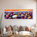 Colorful Rocks, Coastal Art, Sunset Beach Scene, Nature Inspired, Bathroom Wall Art, Vibrant Seaside Decor, Framed Canvas Print