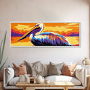 Majestic Pelican, Tropical Sunset, Framed Canvas Print, Coastal Wildlife Art, Boho Animal Decor, Colorful Bird Painting, Beach House Art