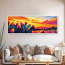 Desert Cactus, Sunset Glow, Framed Canvas Print, Boho Wall Art, Southwest Home Decor, Vibrant Nature Art, Rustic Landscape, Living Room Art