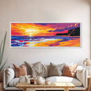Golden Beach, Sunset Seascape, Ocean Art, Framed Canvas Print, Vibrant Coastal Scene, Nautical Living Room Decor, Waterscape Painting