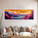 Sunset Coastline, Vibrant Seascape, Ocean View, Colorful Landscape, Framed Canvas Print, Living Room Wall Art, Beach House Decor