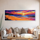 Sunset Beach, Coastal Landscape, Colorful Ocean, Tranquil View, Framed Canvas Print, Serene Wall Art, Bold Colors, Nautical Style
