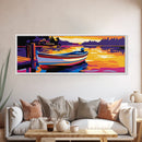 Lake Boat, Sunset Art, Cabin Decor, Vibrant Wall Art, Framed Canvas Print, Rustic Living Room, Nautical Art, Bold Seascape Painting