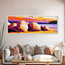 Seashell Beach, Vibrant Sunset, Coastal Landscape, Bold Colors, Framed Canvas Print, Living Room Wall Art, Tropical Vibes, Nautical Art