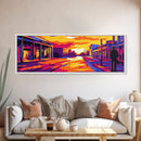 Sunset Street, Urban Glow, Cityscape Silhouette, Vibrant Colors, Framed Canvas Print, Living Room Decor, Bold Abstract, Urban Landscape