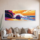 Rocky Shore, Ocean Wave, Sunset Coastline, Vibrant Nature, Framed Canvas Print, Beach House Decor, Bold Seascape, Nautical Style