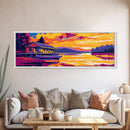 Floating Cabin, River Art, Serene Sunset, Lakeside Wall Art, Framed Canvas Print, Cozy Home Decor, Relaxing Landscape, Rustic Charm
