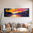Sunset Paradise, Tropical Waters, Exotic Escape, Framed Canvas Print, Coastal Wall Art, Boho Beach Decor, Relaxing Living Room Art