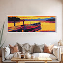 Lake Boat, Sunset Reflection, Framed Canvas Print, Cabin Wall Art, Nautical Home Decor, Serene Landscape, Vibrant Art, Nature Scene