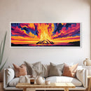 Sunset Flames, Majestic Campfire, Vibrant Night Sky, Framed Canvas Print, Cozy Rustic Wall Art, Cabin Retreat, Autumn Home Decor
