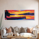 Tranquil Canoe, Lake Reflection, Majestic Sunset, Framed Canvas Print, Cozy Cabin Wall Art, Rustic Retreat Decor, Adventure Aesthetic