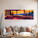 Lakeside, Patio, Sunset, Framed Canvas Print, Vibrant Landscape Art, Dining Room Art, Cozy Decor, Warm Tones, Rustic Autumn Wall Art