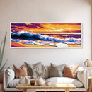 Ocean, Waves, Sunset, Framed Canvas Print, Coastal Wall Art, Boho Beach Art, Vibrant Seaside Decor, Nautical Artwork, Surfer Room Art