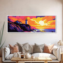 Lighthouse Sunset, Coastal Art, Nautical Wall Decor, Beach House Art, Vibrant Seascape, Framed Canvas Print, Living Room Wall Art
