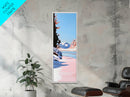 Winter Landscape, Snowy Scene, Mountain, Blue, White, Nature, Minimalist, Cabin Decor, Living Room, Framed Canvas Print