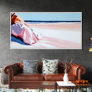 Woman in Pink, Beachside Relaxation, Canvas Print, Summer Aesthetic, Feminine Wall Art, Minimalist Seascape, Pastel Color Palette