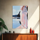 Woman by Water, Soft Pastel Art, Romantic Beach Scene, Minimalist Print, Framed Canvas Print, Tranquil Home Decor, Feminine Wall Art