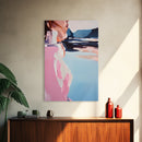 Dreamy Beach Art, Minimalist Woman Portrait, Coastal Fashion Illustration, Soft Pastel Colors, Framed Canvas Print, Bedroom Wall Art
