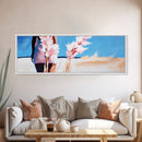 Woman Beach, Pastel Flowers, Feminine Art, Ocean View, Dreamy Coastal Decor, Framed Canvas Print, Bedroom Wall Art, Soft Aesthetic Art