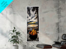 Sunset Fire Pit, Cozy Camping Decor, Lakeside Bonfire, Outdoor Wall Art, Framed Canvas Print, Rustic Lodge Art, Warm Tones, Cabin Decor