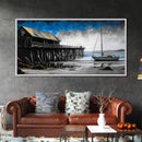 Pier and Boat, Seaside Wall Art, Coastal Landscape, Framed Canvas Print, Nautical Home Decor, Large Artwork, Ocean Painting