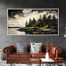 Island Escape, Black and White Landscape, Coastal Home Decor, Framed Canvas Print, Nature Wall Art, Cabin Living Art