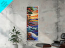 Coastal, Sunset, Trees, Ocean View Framed Canvas Print, Bold Color Landscape, Nature Wall Decor, Entryway Boho Art, Lake House Vibes