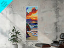 Sunset Waves, Shore, Coastal Framed Canvas Print beach sunset wall art, vibrant ocean wave decor, tropical boho art, iving room art