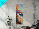 Shoreline Wildflowers, Waves, Sunset, Framed Canvas Print, beach boho art, floral coastal scene, bathroom or bedroom wall decor