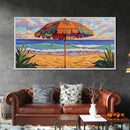 Umbrella Beach, Ocean, Framed Canvas Print, Colorful Beach Umbrella Painting, Retro Coastal Wall Decor, Summer Kitchen Art