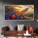 Feather Sunset, Flowers, Nature, Framed Canvas Print, Boho Feather Wall Art, Fall Home Decor, Living Room Autumn Art, Nature Painting