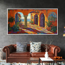 Courtyard Villa, Colorful, Tiles, Framed Canvas Print, Spanish villa artwork, warm terra cotta boho decor, kitchen or hallway wall art